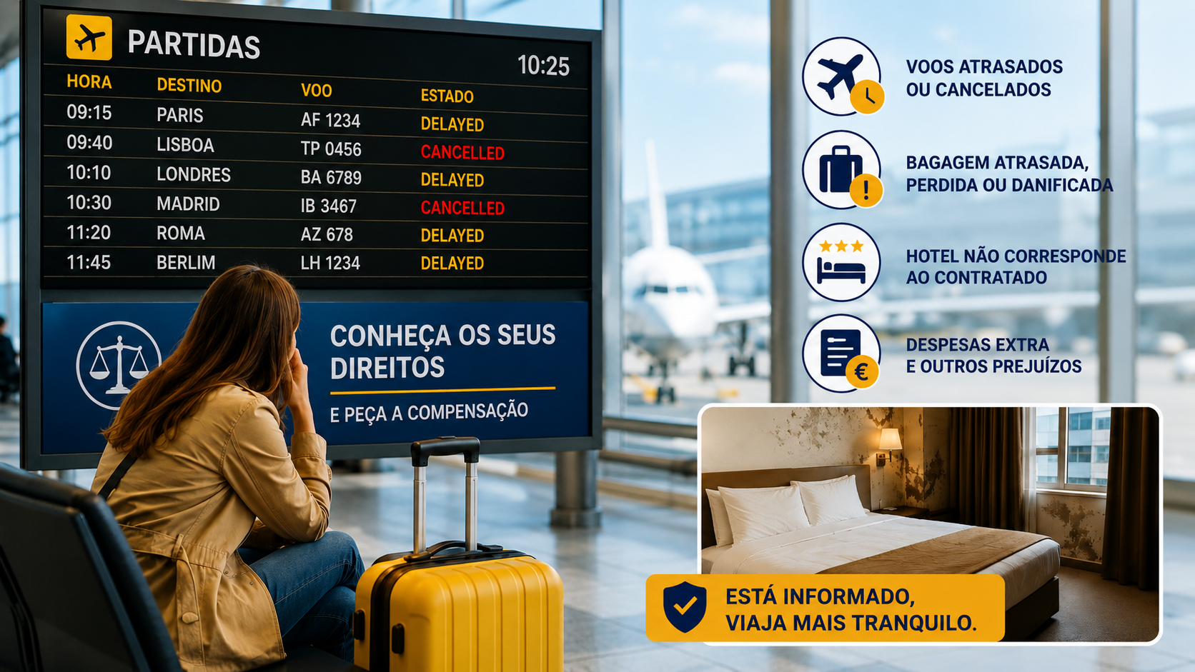 Nas viagens, o direito a compensação depende muito do tipo de problema e da legislação aplicável. Em Portugal e na União Europeia, as regras mais importantes para voos são as do Regulamento Europeu 261/2004.