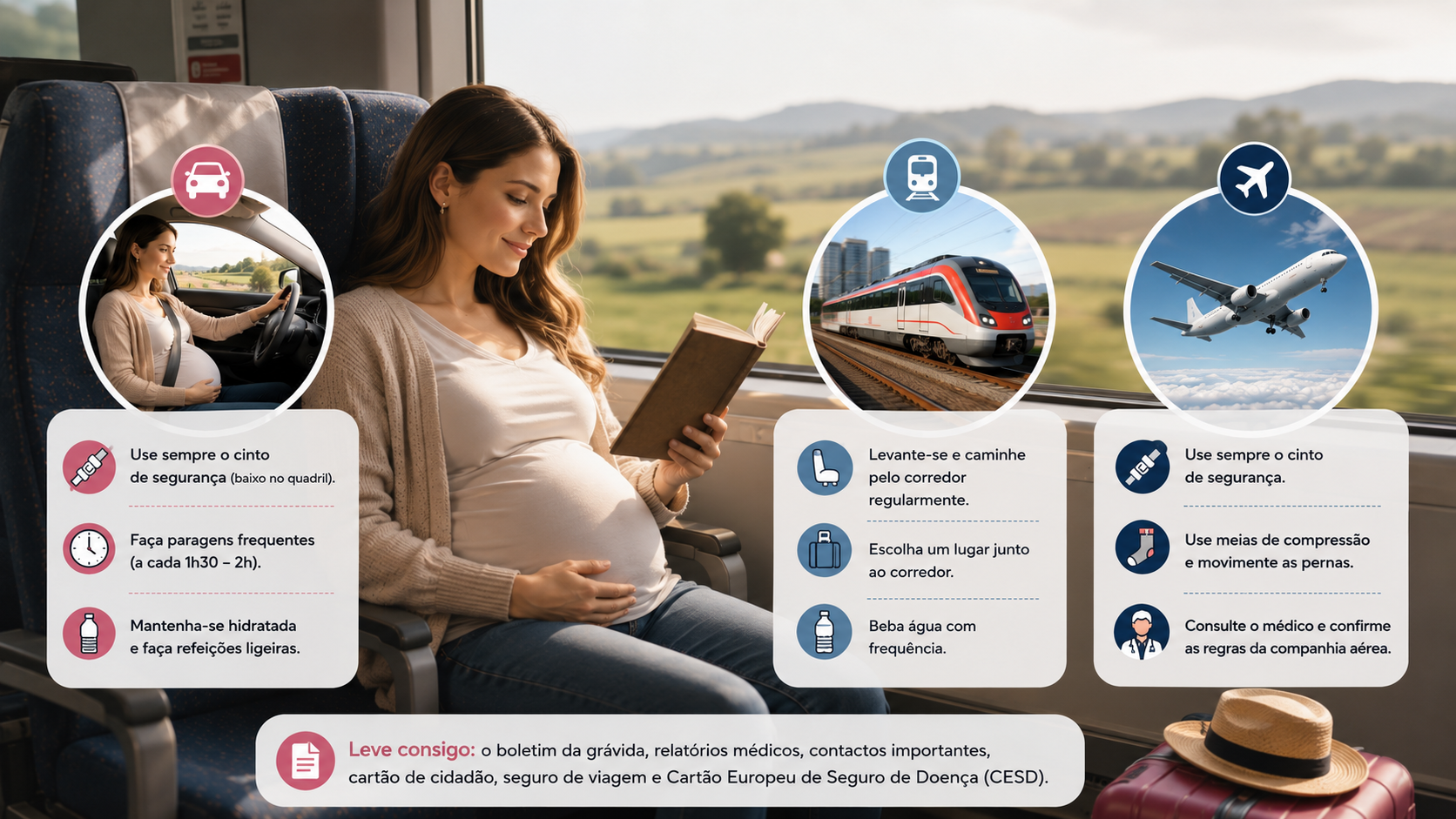 Vai viajar durante a gravidez? Os cuidados que deve ter de carro, comboio ou avião
