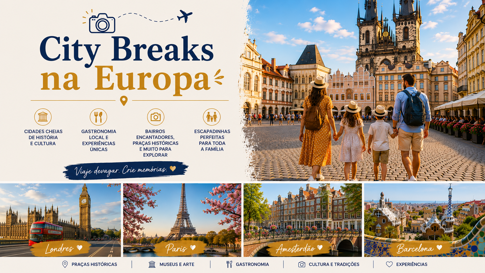 City breaks na Europa
Entre praças históricas, bairros encantadores, museus, gastronomia e experiências culturais únicas, descubra cidades europeias perfeitas para uma escapadinha em família. Inspire-se com sugestões de city breaks para viajar devagar, explorar novos lugares e viver momentos memoráveis.