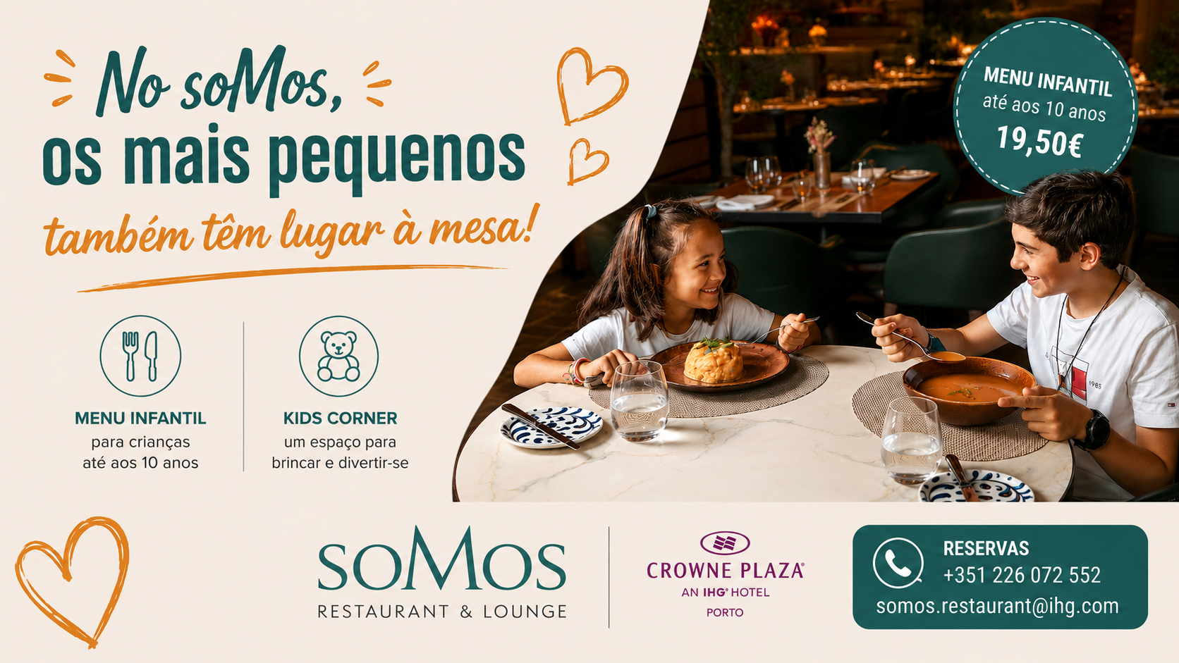No soMos Restaurant & Lounge, localizado no Crowne Plaza Porto, as refeições em família ganham um sabor especial. Pensado para receber hóspedes e visitantes de todas as idades, o restaurante combina os sabores do Douro e do Norte de Portugal com influências da gastronomia internacional, sem esquecer os membros mais jovens da família.
Para as crianças até aos 10 anos, existe um Menu Infantil especialmente criado para proporcionar uma refeição equilibrada, saborosa e adaptada aos gostos dos mais pequenos.