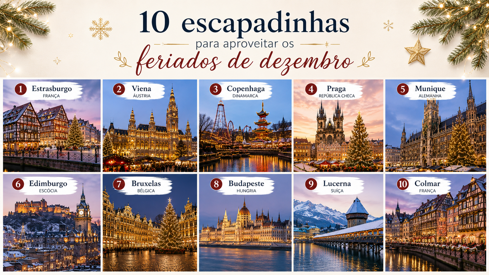 Dezembro é o mês perfeito para uma última viagem antes de encerrar o ano. Entre mercados de Natal encantadores, cidades iluminadas e destinos de neve para quem adora a magia do Inverno, há muito por onde escolher. Se está a pensar aproveitar os feriados e prolongar fins de semana fora de Portugal, deixamos-lhe 10 sugestões irresistíveis.