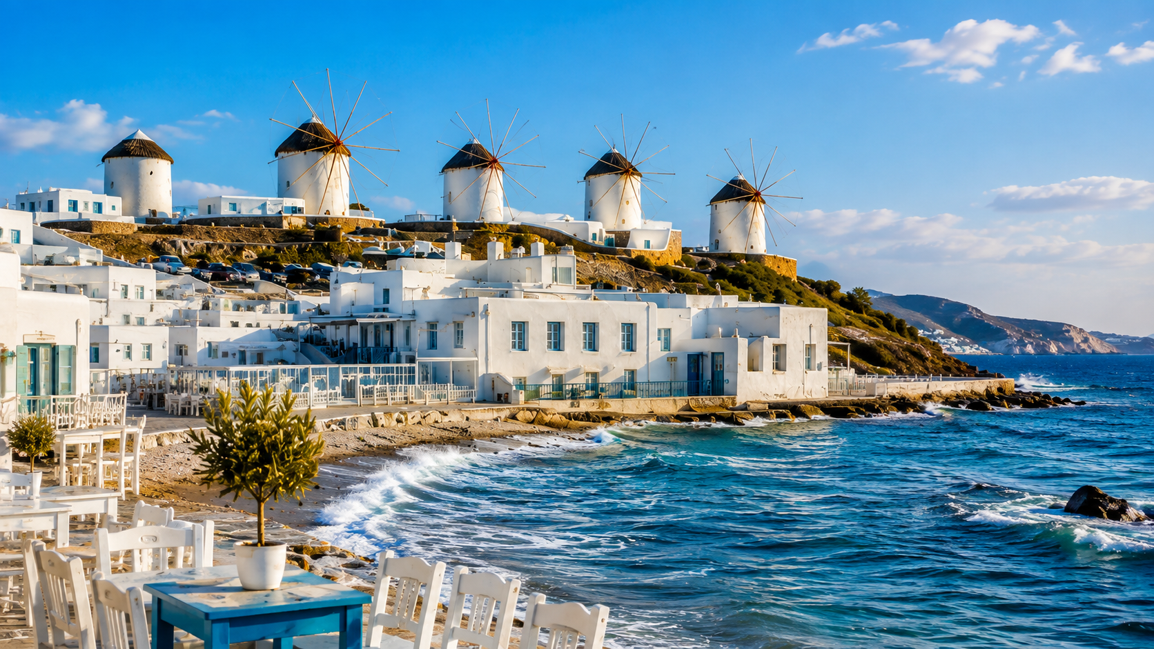Mykonos: praias, charme e animação
Depois da capital, o roteiro segue para Mykonos, uma das ilhas mais famosas da Grécia. Conhecida pelas suas praias de água cristalina, casas brancas e vida noturna animada, Mykonos é perfeita para quem gosta de sol, mar e ambiente cosmopolita.