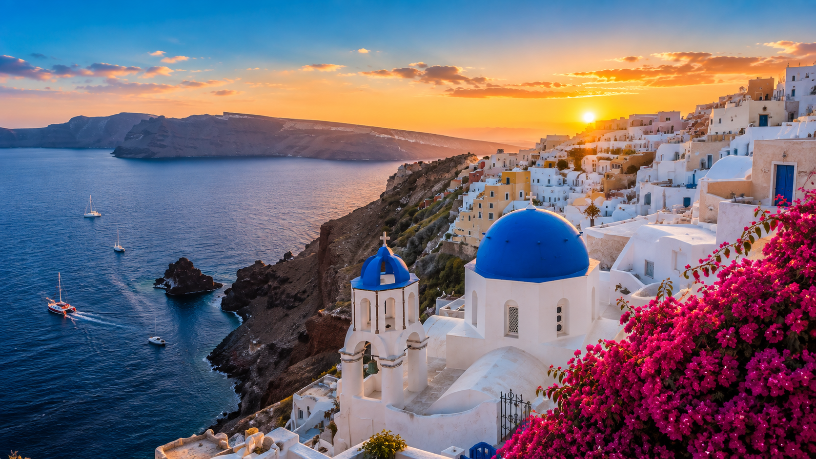 Santorini: romance e paisagens inesquecíveis
O combinado termina em Santorini, a ilha mais romântica da Grécia. Famosa pelas suas falésias vulcânicas, casas brancas com cúpulas azuis e pores do sol únicos, Santorini é o cenário perfeito para momentos especiais.