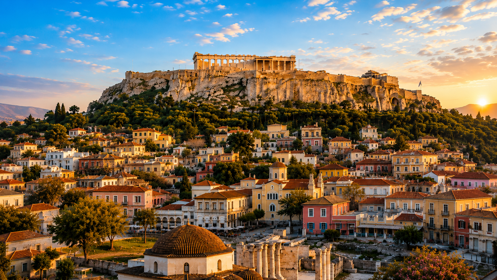 Atenas: berço da civilização ocidental
A viagem começa em Atenas, uma cidade vibrante onde o passado e o presente convivem lado a lado. Aqui, a história está presente em cada esquina, desde a majestosa Acrópole até aos bairros tradicionais cheios de vida.