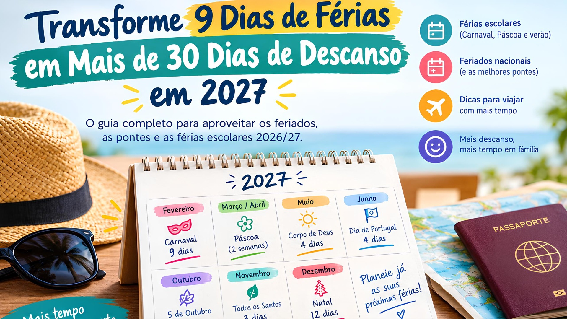 Com algum planeamento e aproveitando os feriados nacionais, as pontes e as pausas previstas no calendário escolar 2026/27, é possível transformar poucos dias de férias em longos períodos de descanso, ideais para viajar, passar mais tempo em família ou simplesmente recarregar energias.