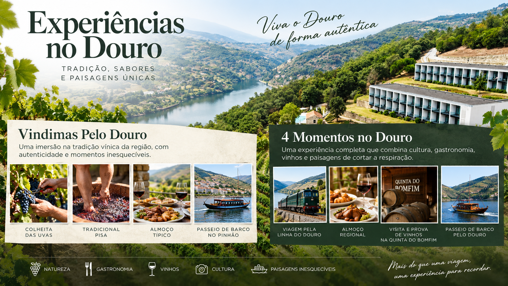 Com a chegada do Outono e o início de uma das tradições mais emblemáticas da região, as vindimas, o Douro Palace Hotel & Spa convida os seus hóspedes a descobrir o Douro de forma genuína e próxima. Inserido nas encostas do Vale do Douro e com uma vista privilegiada sobre o rio, o hotel reforça nesta época a sua ligação ao território através de experiências que dão a conhecer a cultura, as paisagens e os costumes locais.

Entre as propostas disponíveis destacam-se dois programas concebidos para proporcionar uma imersão completa na identidade duriense. 