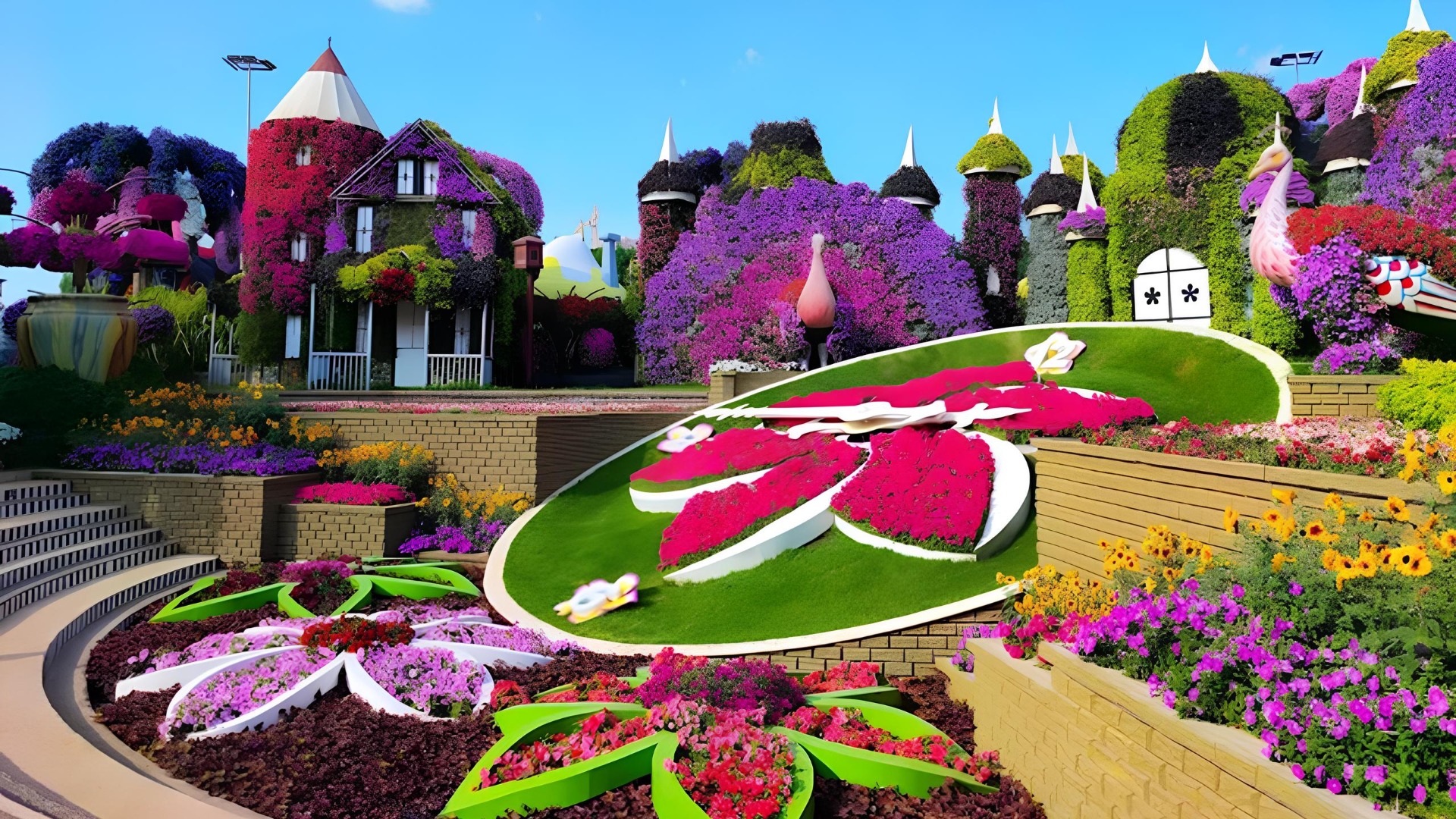 O Dubai Miracle Garden é uma das atrações mais impressionantes dos Emirados Árabes Unidos e o maior jardim de flores naturais do mundo. Localizado no Dubai, este espaço transforma uma área desértica num espetáculo de cores, aromas e criatividade, atraindo milhões de visitantes todos os anos.
Inaugurado em 2013, o jardim ocupa cerca de 72.000 metros quadrados e apresenta mais de 150 milhões de flores distribuídas por esculturas gigantes, túneis florais e instalações artísticas únicas. As composições mudam regularmente, garantindo novas experiências a cada temporada.