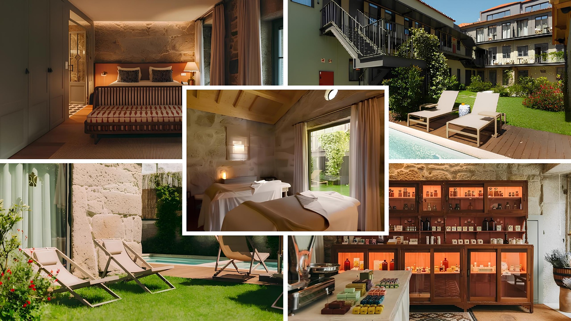 Torel Saboaria → Instalado no local de uma antiga fábrica de sabonetes, no centro do Porto, este hotel boutique distingue-se pelo ambiente intimista, minimalista e contemporâneo. Serviços e comodidades:
Piscina exterior
Jacuzzi exterior aquecido
Spa e banho turco
Massagens e tratamentos de bem-estar
Jardim privado e zonas de relaxamento
Quartos amplos e elegantes
Pequeno-almoço incluído
Restaurante Luffa
Receção e serviço de concierge