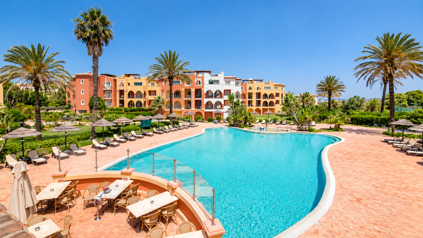 Jardim da Meia Praia → Situado junto à magnífica Meia Praia, em Lagos, o Jardim da Meia Praia destaca-se pelas suas moradias espaçosas e ambiente familiar. Serviços e comodidades:
Apartamentos amplos e totalmente equipados
Piscina exterior para adultos e crianças
Piscina interior
Spa
Jardins paisagísticos
Campo de ténis
Parque infantil
Aluguer de bicicletas
Restaurante
Bar de apoio à piscina
Varandas e terraços privativos
Estacionamento