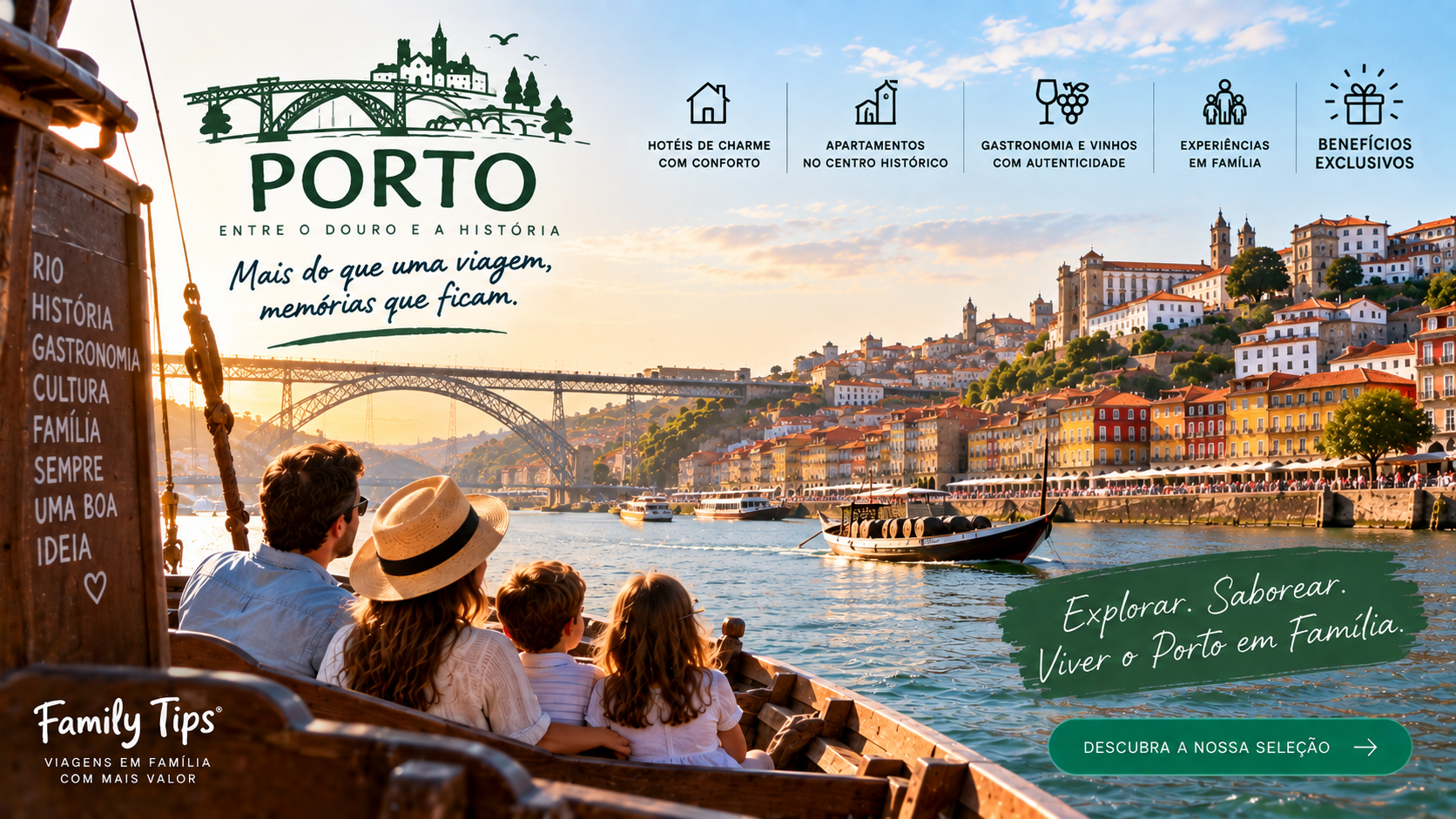 Entre ruas históricas, monumentos emblemáticos, vistas sobre o rio Douro e uma gastronomia que conquista visitantes de todo o mundo, o Porto é um destino perfeito para uma escapadinha em família. Descubra uma seleção cuidada de hotéis, apartamentos turísticos e alojamentos de charme que se destacam pelo conforto, localização privilegiada e hospitalidade.
Ao reservar através do Family Tips, pode ainda usufruir de benefícios exclusivos em alojamentos selecionados, tornando a sua estadia ainda mais especial. Desde ofertas de boas-vindas e condições preferenciais até experiências diferenciadoras para toda a família, cada detalhe foi pensado para proporcionar momentos únicos.
Porque viajar em família é criar memórias duradouras, encontre o alojamento ideal para explorar o centro histórico, passear junto ao Douro, descobrir as caves de vinho do Porto e viver toda a autenticidade de uma das cidades mais encantadoras de Portugal.