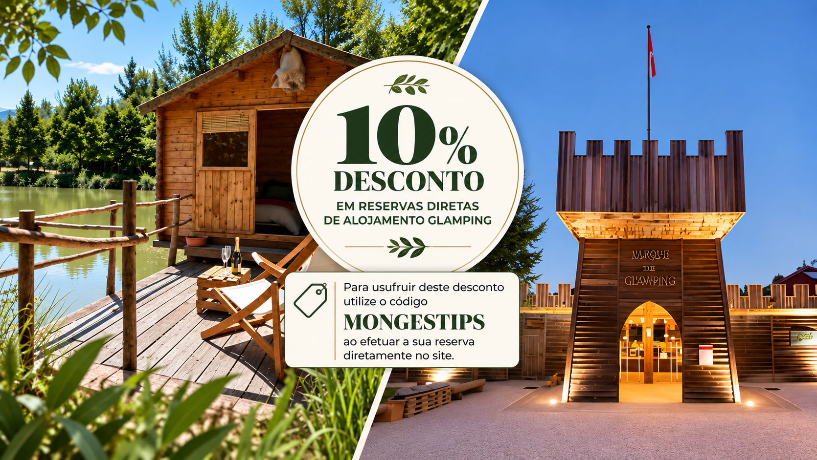 Glamping Parque dos Monges + Parque dos Monges
O Parque dos Monges, localizado em Alcobaça, é um espaço turístico que combina natureza, lazer e património histórico inspirado na tradição dos monges de Cister. Rodeado por lagos, áreas verdes e atividades ao ar livre, proporciona experiências para famílias, casais e amantes da natureza.
O Glamping Parque dos Monges oferece uma forma confortável de desfrutar deste ambiente único, através de alojamentos integrados na paisagem natural, junto ao Lago das Freiras. Combinando tranquilidade, conforto e contacto direto com a natureza, é uma excelente opção para quem procura uma escapadinha diferente na região Centro de Portugal.