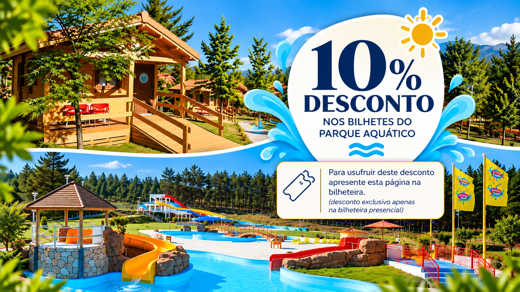 O Naturwaterpark, localizado em Vila Real, é um complexo turístico e de lazer que combina parque aquático, parque aventura, alojamento e campismo num ambiente rodeado pela natureza duriense. Reconhecido como um dos principais espaços de diversão da região, oferece atividades para todas as idades, incluindo atrações aquáticas, aventura ao ar livre, minigolfe e espaços de restauração.
Os Bungalows e o Parque de Campismo do NaturWaterPark proporcionam diferentes opções de alojamento, desde bungalows totalmente equipados a áreas para tendas, caravanas e autocaravanas. Integrados numa envolvente natural tranquila, permitem desfrutar de conforto, contacto com a natureza e acesso direto às diversas infraestruturas do complexo.
A combinação de alojamento, lazer, aventura e natureza faz do Naturwaterpark um destino ideal para famílias, grupos de amigos e visitantes que procuram uma experiência completa no coração do Douro.