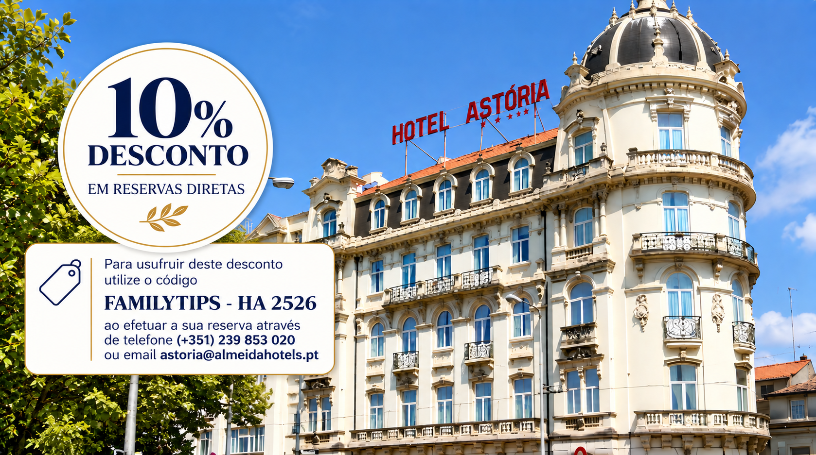 O Hotel Astória é um dos mais emblemáticos hotéis históricos de Coimbra, localizado junto ao rio Mondego, no coração da cidade. Instalado num elegante edifício inaugurado em 1926, combina o charme da arquitetura Arte Nova e Art Déco com o conforto e a hospitalidade tradicionais. Com uma localização privilegiada junto à Universidade de Coimbra e aos principais pontos de interesse da cidade, proporciona uma experiência autêntica, marcada pela história, elegância e património cultural.