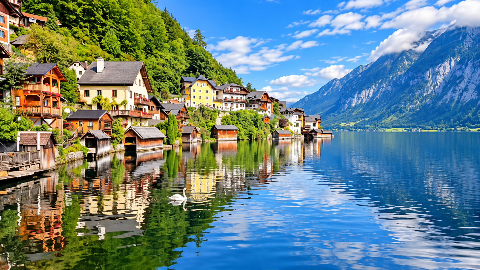 Hallstatt, Áustria
Considerada uma das aldeias mais fotogénicas do mundo, Hallstatt torna-se ainda mais encantadora quando as montanhas e florestas que rodeiam o lago se vestem de cores outonais. As ruas tranquilas e as casas alpinas criam uma atmosfera digna de um conto de fadas.