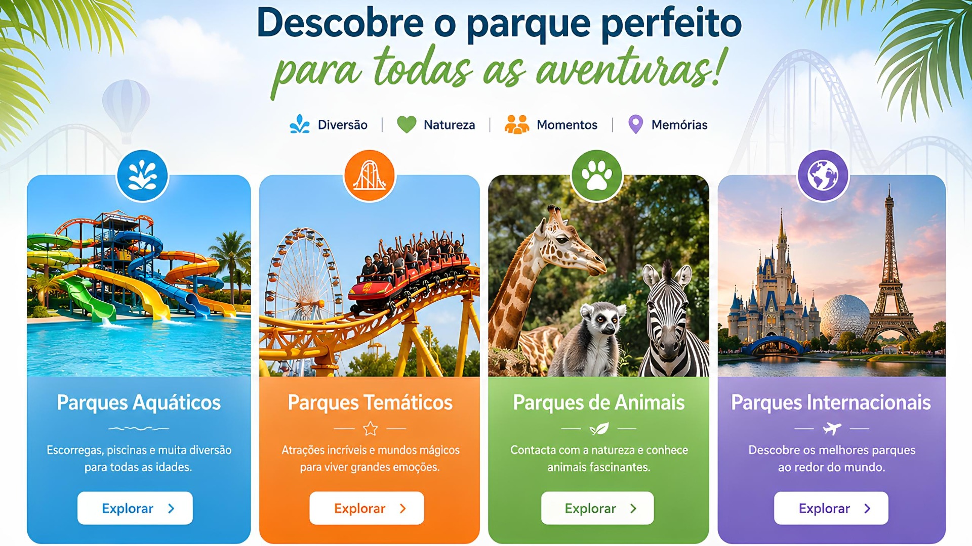 Explore uma seleção de locais para famílias que procuram diversão, descoberta e aventura. Desde parques temáticos e parques animais a atividades culturais, natureza e programas ao ar livre, encontre ideias perfeitas para passeios, férias e escapadinhas inesquecíveis.
