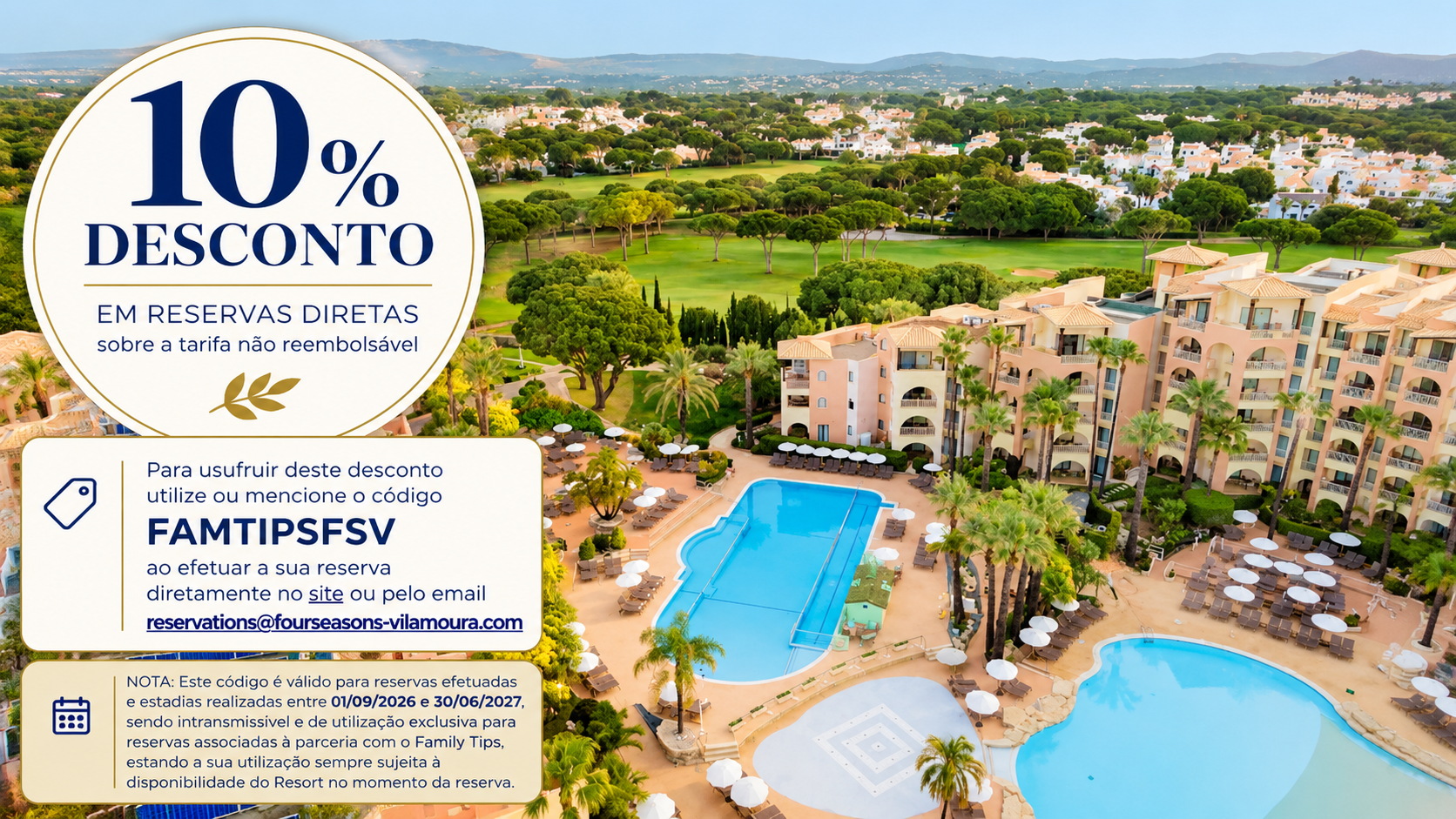 O Four Seasons Vilamoura Resort é um empreendimento turístico de referência situado no coração de Vilamoura, a poucos minutos das praias, da marina e dos prestigiados campos de golfe da região. Com apartamentos espaçosos, amplas áreas de lazer, piscinas, spa e atividades para toda a família, combina conforto, bem-estar e hospitalidade num ambiente tranquilo e acolhedor.