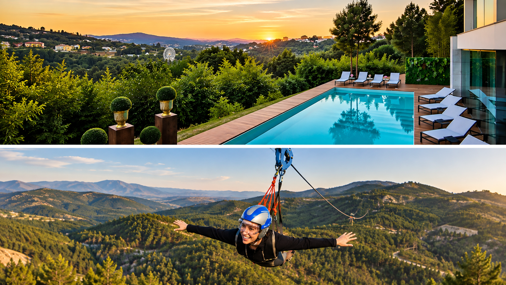 No coração de Ribeira de Pena, esta é uma das melhores combinações para quem procura juntar natureza, conforto e adrenalina na mesma escapadinha. O Pena Park Hotel, rodeado pela paisagem da Serra do Alvão, oferece quartos modernos, spa, piscinas e amplas vistas sobre a natureza, sendo o refúgio ideal para relaxar após um dia de aventura.
A poucos minutos a pé encontra-se o Pena Aventura, um dos principais parques de aventura do Norte de Portugal, considerado um dos maiores do mundo, além de atividades como Alpine Coaster, percursos 4x4, desportos de natureza e experiências para toda a família.
A proximidade entre o hotel e o parque permite combinar momentos de bem-estar com muita diversão ao ar livre, tornando esta uma excelente opção para famílias, casais e grupos que procuram uma escapadinha ativa em plena natureza. Os hóspedes beneficiam ainda de vantagens exclusivas nas atividades do parque.