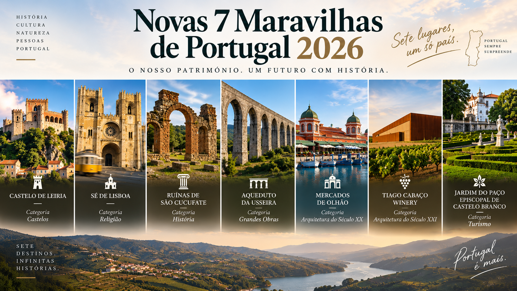 As Novas 7 Maravilhas de Portugal 2026 já foram reveladas. O concurso nacional, que regressou este ano após quase duas décadas de ausência, distinguiu sete patrimónios de norte a sul do país, escolhidos diretamente pelo público através de votação.
A cerimónia final realizou-se no Palácio Nacional de Sintra, onde foram anunciados os vencedores de cada uma das sete categorias. Entre os patrimónios distinguidos estão o Castelo de Leiria, a Sé de Lisboa, as Ruínas de São Cucufate e os Mercados de Olhão, exemplos da riqueza histórica, arquitetónica e cultural portuguesa.