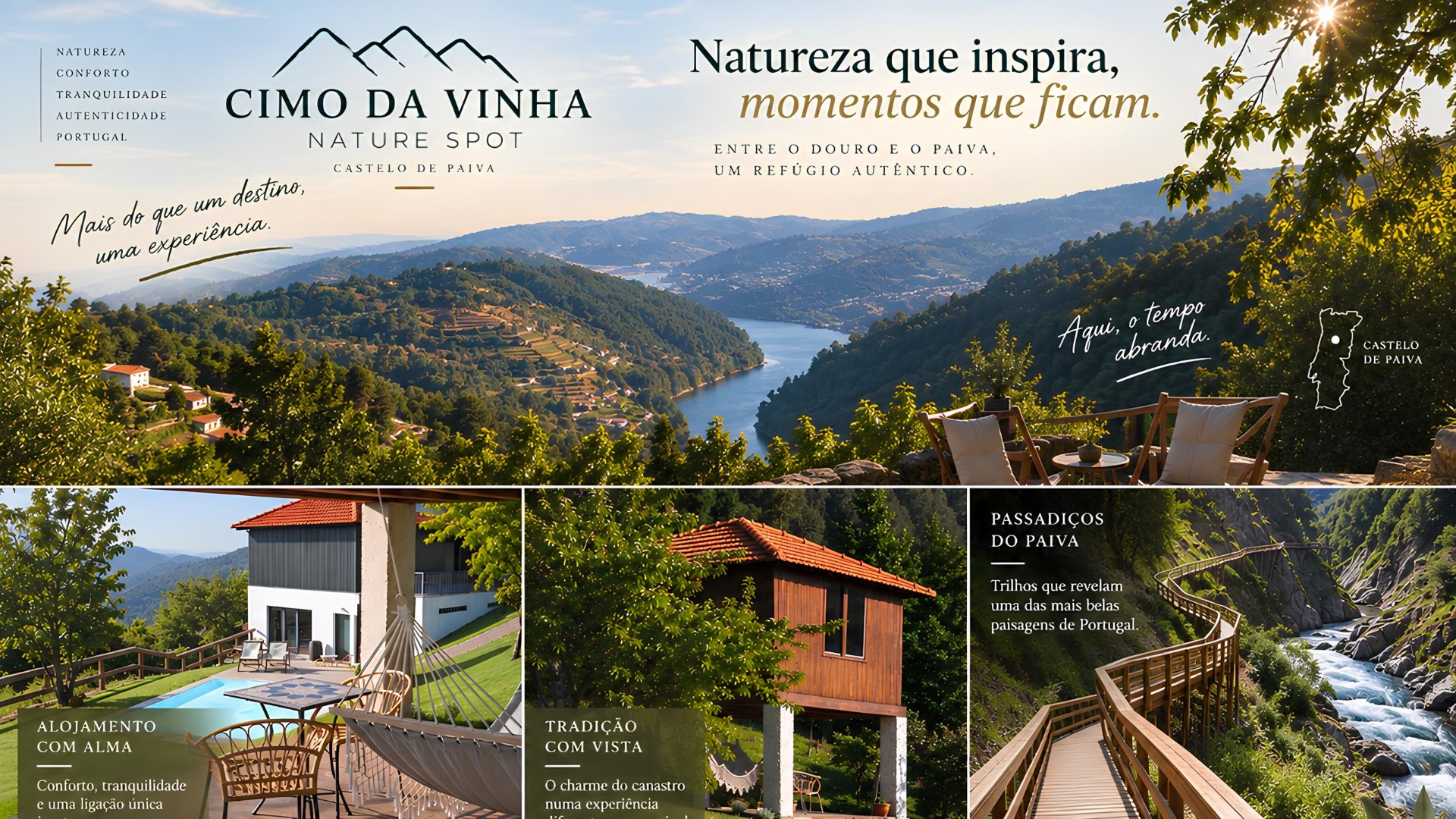 No coração de Castelo de Paiva, entre as paisagens verdejantes dos vales do Douro e do Paiva, encontra-se um refúgio onde a natureza dita o ritmo dos dias. O Cimo da Vinha - Nature Spot afirma-se como um destino de turismo de natureza que combina tranquilidade, conforto e autenticidade, proporcionando uma experiência única para quem procura desligar da rotina e redescobrir o lado mais genuíno do Norte de Portugal.

Um refúgio em plena natureza
Integrado numa propriedade familiar rodeada por montanhas, vinhas e floresta, o Cimo da Vinha nasceu da transformação de uma quinta com várias gerações de história num espaço dedicado ao turismo sustentável e ao contacto com a natureza. A arquitetura contemporânea integra-se harmoniosamente na paisagem, valorizando materiais naturais, a luz e as vistas desafogadas sobre o vale.

Os hóspedes podem escolher entre diferentes tipos de alojamento, incluindo tendas de glamping, suites com vista para a montanha e um original canastro transformado em unidade de alojamento. A experiência é complementada por piscina, gastrobar, esplanada e percursos pedestres dentro da propriedade, onde videiras, flores e árvores de fruto acompanham cada caminhada.