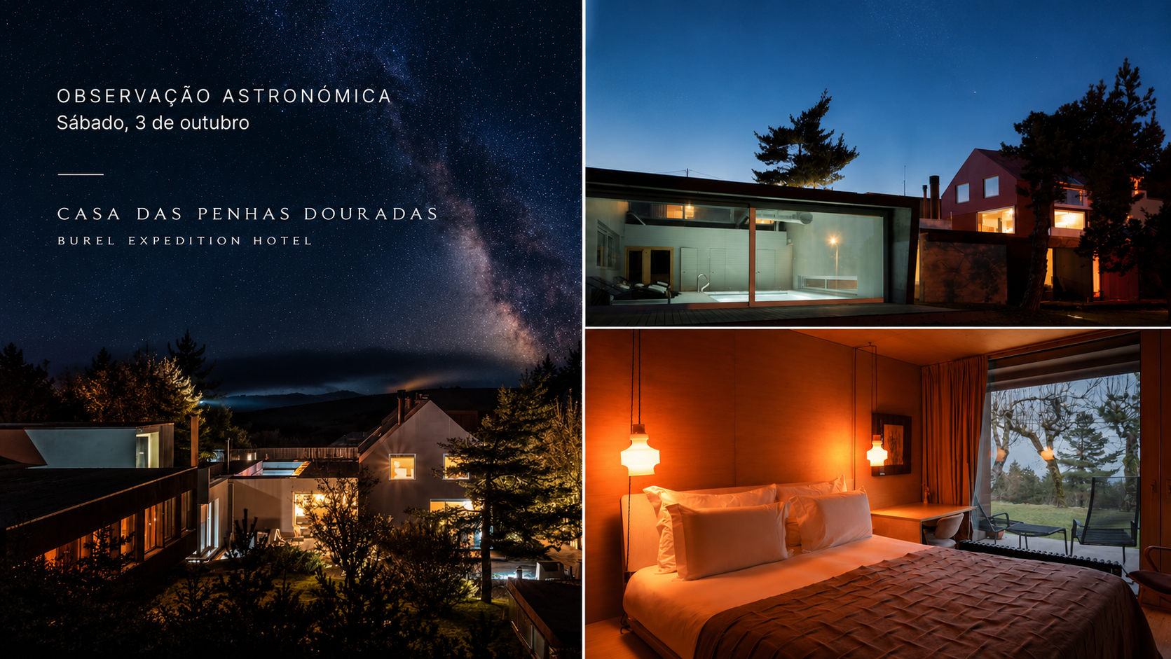 Mais do que uma atividade, esta é uma experiência de conexão com a natureza e com o universo, onde o tempo abranda e o olhar se perde entre montanhas e estrelas. Um convite para redescobrir a magia da noite e deixar-se surpreender pela beleza infinita do céu da Serra da Estrela.
Uma Noite Exclusiva entre a Montanha e as Estrelas promete ser um momento memorável, onde o conforto e a autenticidade dos hotéis Burel se unem ao encanto da astronomia para criar uma experiência verdadeiramente inesquecível.