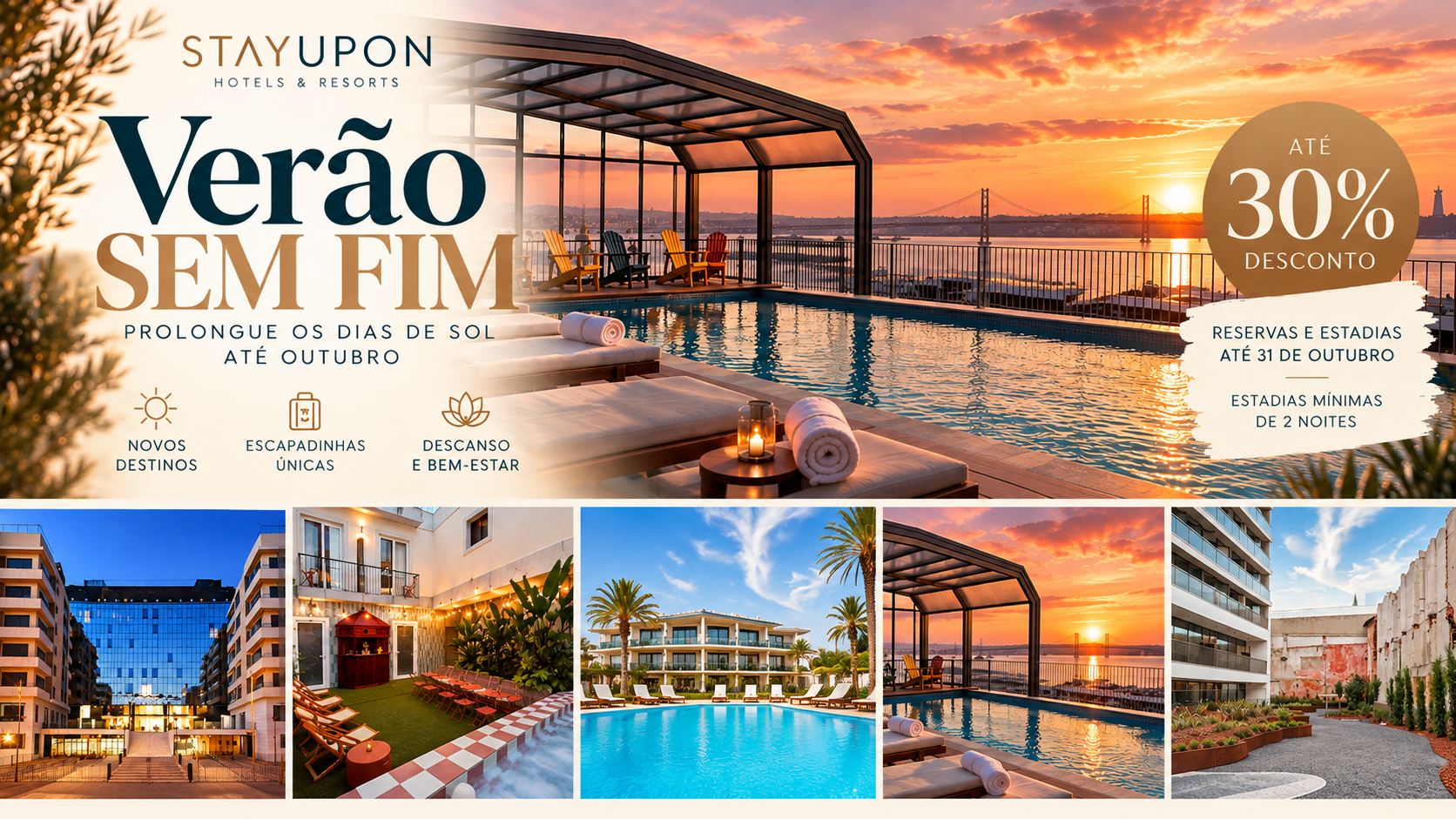 O StayUpon Hotels & Resorts lança a campanha "Verão Sem Fim", que convida a prolongar os dias de descanso e lazer até 31 de outubro, com descontos até 30% nas suas unidades em Lisboa, Alcochete e Seixal.
A oferta é válida para reservas e estadias realizadas até ao final de outubro, em estadias mínimas de duas noites, abrangendo todos os hotéis e resorts do grupo. A campanha apresenta-se como uma oportunidade para descobrir diferentes destinos ou revisitar algumas das unidades mais emblemáticas da marca.
Em Lisboa, o Upon Lisbon combina a comodidade de apartamentos totalmente equipados com uma localização privilegiada na cidade, enquanto o Upon Angels aposta num ambiente contemporâneo, descontraído e intimista. Em Alcochete, o Praia do Sal Resort & SPA destaca-se pela sua proposta de bem-estar junto ao Tejo, complementada pelo ambiente acolhedor e tranquilo do Upon Vila. Já no Seixal, o recente Upon Harbor oferece uma experiência inspirada na identidade local, com vistas privilegiadas sobre a baía.
Em todas as unidades, o grupo mantém a aposta num serviço de qualidade, focado no conforto, na atenção ao detalhe e na criação de experiências memoráveis, tornando o outono a altura ideal para uma escapadinha sem pressas.