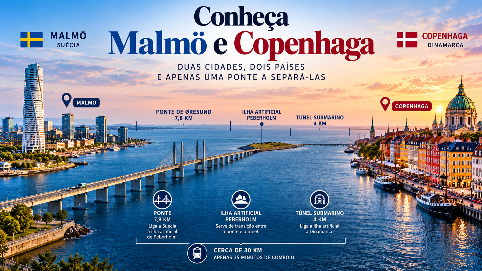 Embora pertençam a países diferentes, Malmö e Copenhaga estão separadas por apenas cerca de 30 quilómetros e ligadas pela impressionante Ponte de Øresund, uma das maiores obras de engenharia da Escandinávia.

A Ponte de Øresund: uma ligação única
Inaugurada em 2000, a Ponte de Øresund estende-se por quase 16 quilómetros sobre o estreito que separa a Dinamarca da Suécia. A estrutura combina ponte, uma ilha artificial e um túnel submarino, permitindo a circulação de automóveis e comboios entre os dois países.

Hoje, milhares de pessoas atravessam diariamente esta ligação, quer para trabalhar, estudar ou simplesmente visitar a cidade vizinha.Embora pertençam a países diferentes, Malmö e Copenhaga estão separadas por apenas cerca de 30 quilómetros e ligadas pela impressionante Ponte de Øresund, uma das maiores obras de engenharia da Escandinávia.

A Ponte de Øresund: uma ligação única
Inaugurada em 2000, a Ponte de Øresund estende-se por quase 16 quilómetros sobre o estreito que separa a Dinamarca da Suécia. A estrutura combina ponte, uma ilha artificial e um túnel submarino, permitindo a circulação de automóveis e comboios entre os dois países.

Hoje, milhares de pessoas atravessam diariamente esta ligação, quer para trabalhar, estudar ou simplesmente visitar a cidade vizinha.