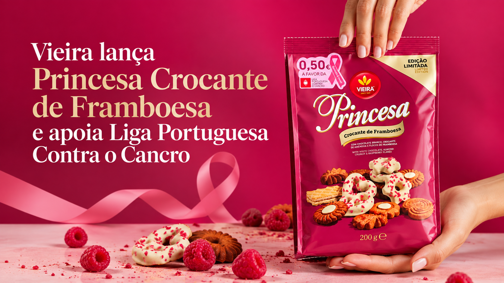 A Vieira acaba de lançar o novo Sortido Princesa Crocante de Framboesa, associando a novidade ao movimento Outubro Rosa e à sensibilização para a prevenção e diagnóstico precoce do cancro da mama.
Durante todo o mês de outubro, por cada embalagem vendida, a marca doa 0,50 euros à Liga Portuguesa Contra o Cancro, contribuíndo para o apoio a doentes e famílias, ações de sensibilização e projetos de investigação em oncologia.