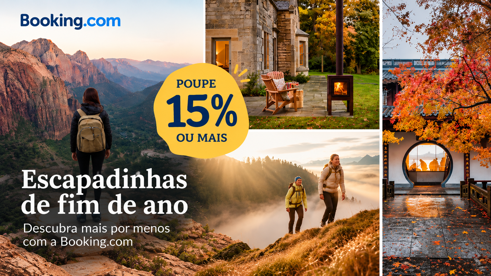 Booking.com lança Ofertas de Final de Ano com descontos até 15%
A Booking.com está a promover as suas Ofertas de Final de Ano, permitindo poupar 15% ou mais em alojamentos selecionados em todo o mundo. A campanha é válida para reservas efetuadas até 7 de janeiro de 2027, para estadias entre 1 de outubro de 2026 e 7 de janeiro de 2027.
A promoção abrange milhares de propriedades aderentes e surge como uma oportunidade para planear escapadinhas, férias de Natal ou viagens de início de ano com preços mais vantajosos.
Para beneficiar do desconto, basta procurar a etiqueta "Oferta de Final de Ano" nos alojamentos participantes e reservar dentro do período da campanha.