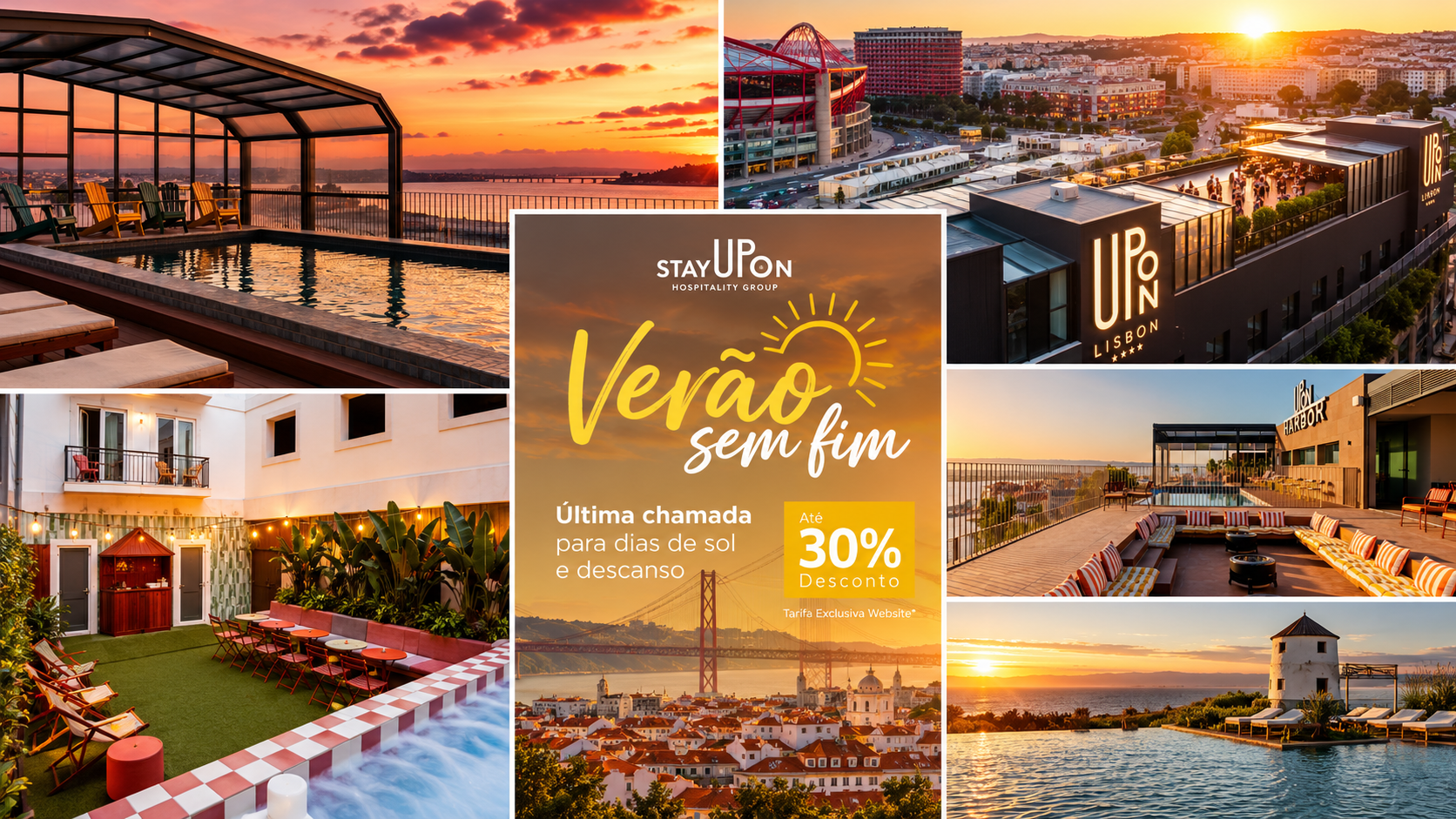 O StayUpon Hotels & Resorts lança a campanha "Verão Sem Fim", que convida a prolongar os dias de descanso e lazer até 31 de outubro, com descontos até 30% nas suas unidades em Lisboa, Alcochete e Seixal. A oferta é válida para reservas e estadias realizadas até ao final de outubro,