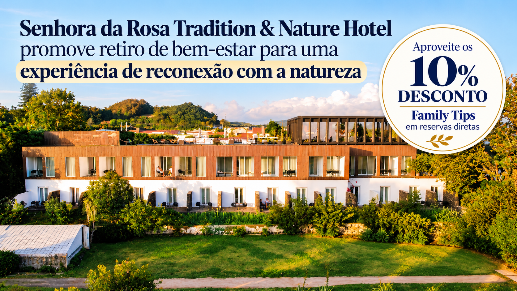 O Senhora da Rosa Tradition & Nature Hotel, em São Miguel, nos Açores, prepara-se para receber, entre os dias 13 e 15 de novembro de 2026, o Retiro do Bem-Estar, uma experiência de três dias. Para quem deseja prolongar a experiência açoriana ou planear uma futura estadia, o Senhora da Rosa Tradition & Nature Hotel disponibiliza ainda uma vantagem nas reservas efetuadas diretamente através do seu site.