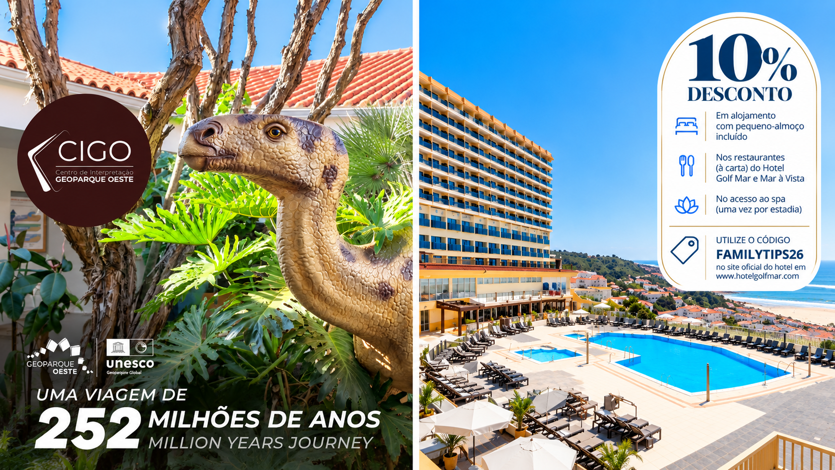 Com uma localização privilegiada junto à costa do Vimeiro, o Hotel Golf Mar é uma excelente opção para descobrir as paisagens e o património natural do Geoparque Oeste. Aproveite ainda o desconto Family Tips nas reservas efetuadas diretamente através do seu site.