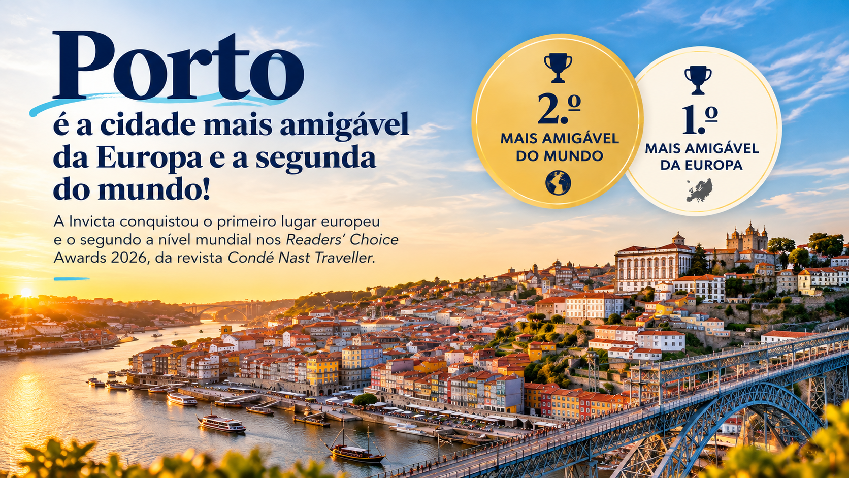 O Porto foi eleito a cidade mais amigável da Europa e a segunda mais amigável do mundo nos Readers' Choice Awards 2026, promovidos pela revista internacional de viagens Condé Nast Traveller. No ranking mundial, o Porto alcançou uma pontuação de 98,33%, ficando apenas atrás de Melbourne, na Austrália, que liderou a classificação com 98,52%. 