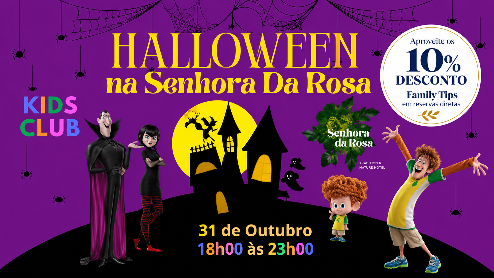 O Senhora da Rosa – Tradition & Nature Hotel prepara uma celebração de Halloween dedicada aos mais pequenos, com jantar especial, animação e muita diversão, no dia 31 de outubro.
