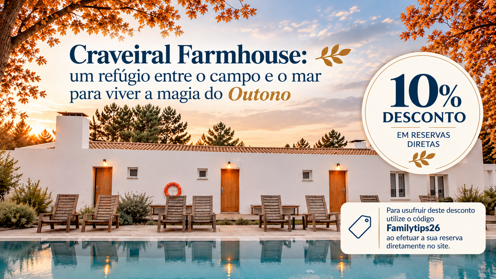 Com a chegada do Outono, o Craveiral Farmhouse ganha um encanto especial. As paisagens envolventes, a tranquilidade do campo e a proximidade do mar criam o cenário perfeito para dias de descanso, passeios ao ar livre e momentos de puro relaxamento. Para tornar a estadia ainda mais acolhedora, algumas tipologias de alojamento dispõem de salamandra, ideal para aquecer as tardes e noites mais frias.