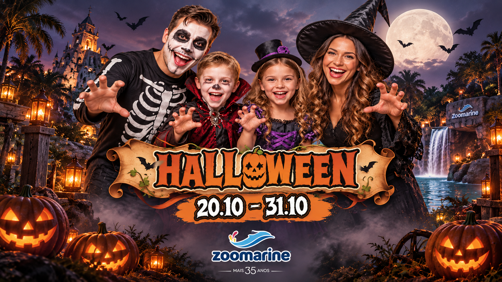 Sustos, fantasmas e criaturas misteriosas estão de regresso ao Zoomarine. Entre 20 e 31 de outubro, o parque temático prepara-se para celebrar o Halloween com uma programação especial que promete transformar uma visita em família numa experiência repleta de surpresas, diversão e alguns arrepios pelo caminho.
Durante este período, diferentes espaços do parque vão ganhar uma atmosfera inspirada na época mais assustadora do ano, com atividades destinadas a todas as idades. A iniciativa pretende desafiar os visitantes mais corajosos, sem esquecer os mais pequenos, que poderão descobrir o universo do Halloween de uma forma divertida e adaptada à sua idade.