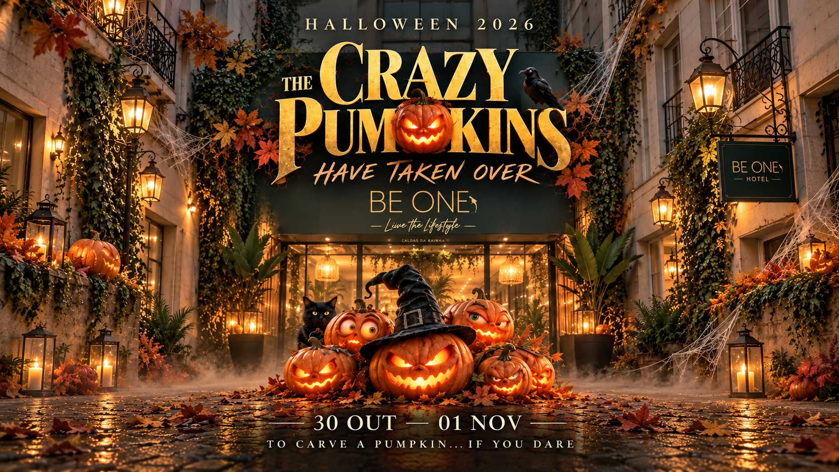 O Be One Hotel, nas Caldas da Rainha, prepara-se para receber o Halloween com o programa The Crazy Pumpkins, uma experiência temática pensada para proporcionar dois dias de diversão, aventura e momentos assustadoramente inesquecíveis em família.
Entre 30 de outubro e 1 de novembro, os hóspedes poderão desfrutar de duas noites de alojamento com pequeno-almoço, jantar temático no dia 31 de outubro, a experiência To Carve a Pumpkin, caça às abóboras, cinema e várias atividades para miúdos e graúdos.