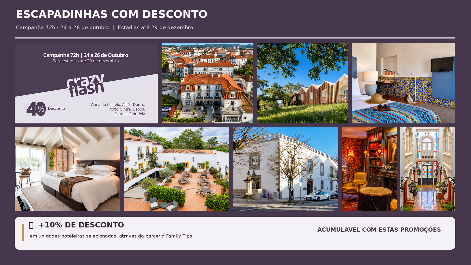 As noites chegam mais cedo, o ar fica mais fresco e o fim do ano começa a pedir pausas. De Viana do Castelo a Grândola, sete destinos Unlock recebem estadias de Outono e de dezembro, para decidir agora e partir quando lhe convier.
40% desconto em reservas efetuadas até ao final do dia 26 de outubro, para estadias até 29 de dezembro.