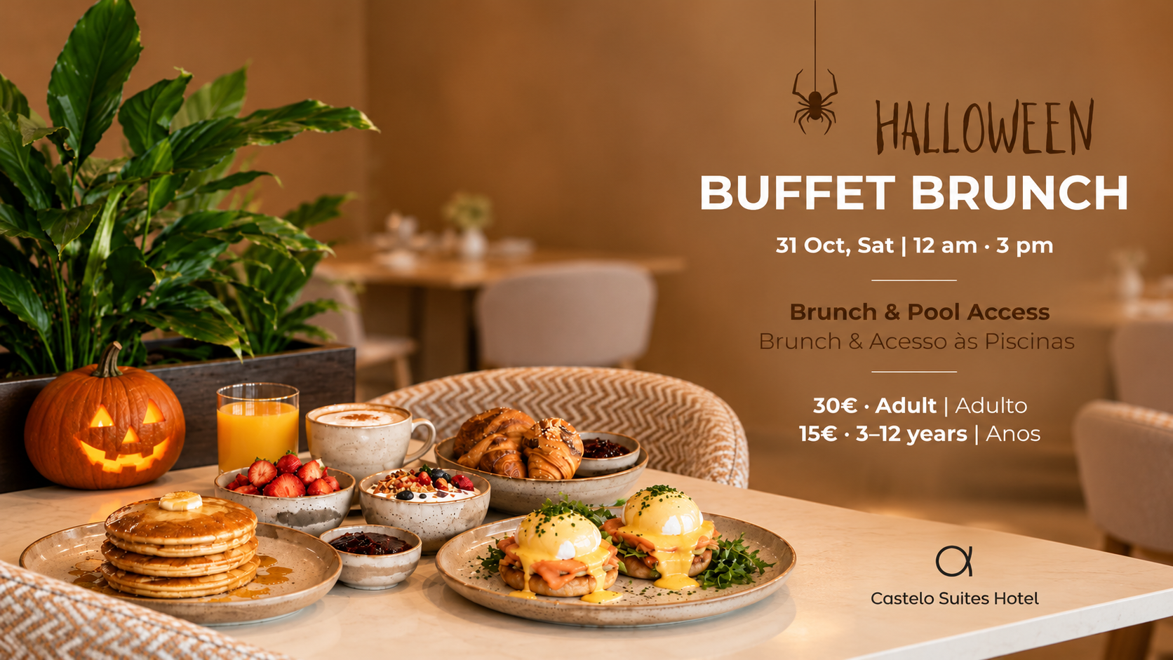 O Castelo Suites Hotel, no Algarve, prepara um Halloween Brunch especial para o próximo dia 31 de outubro, entre as 12h00 e as 15h00. A iniciativa combina um brunch temático com acesso às piscinas, numa proposta ideal para desfrutar do sábado de Halloween em família ou com amigos.