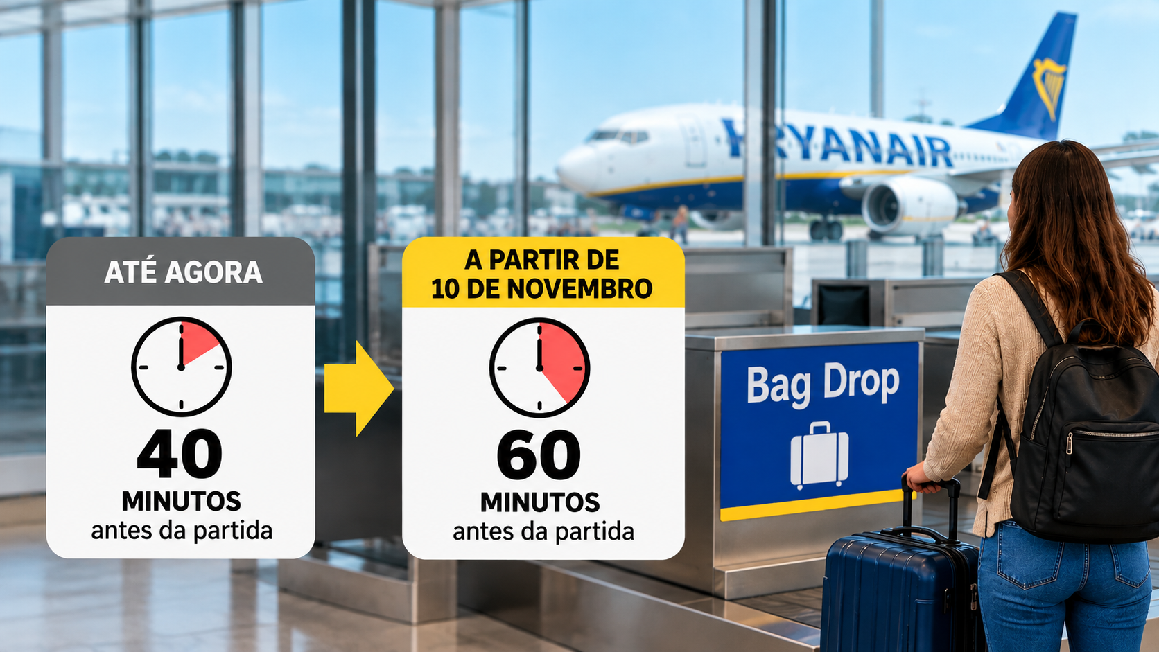 A Ryanair vai alterar os horários de entrega de bagagem de porão a partir de 10 de novembro. Os balcões passam a encerrar 60 minutos antes da partida dos voos, em vez dos atuais 40 minutos.
A mudança, que será aplicada em todos os aeroportos onde a companhia opera, obriga os passageiros a entregar as malas com mais antecedência.